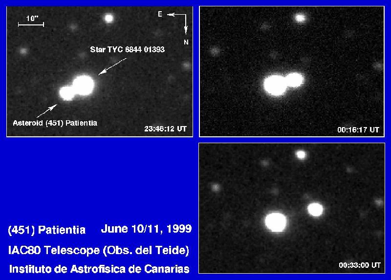 Fig 1. Selected CCD images of (451) Patientia approach to the star TYC 6844 01393, obtained on IAC-80 telescope operated on the island of Tenerife in the Spanish Observatorio del Teide of the Instituto de Astrofísica de Canarias.